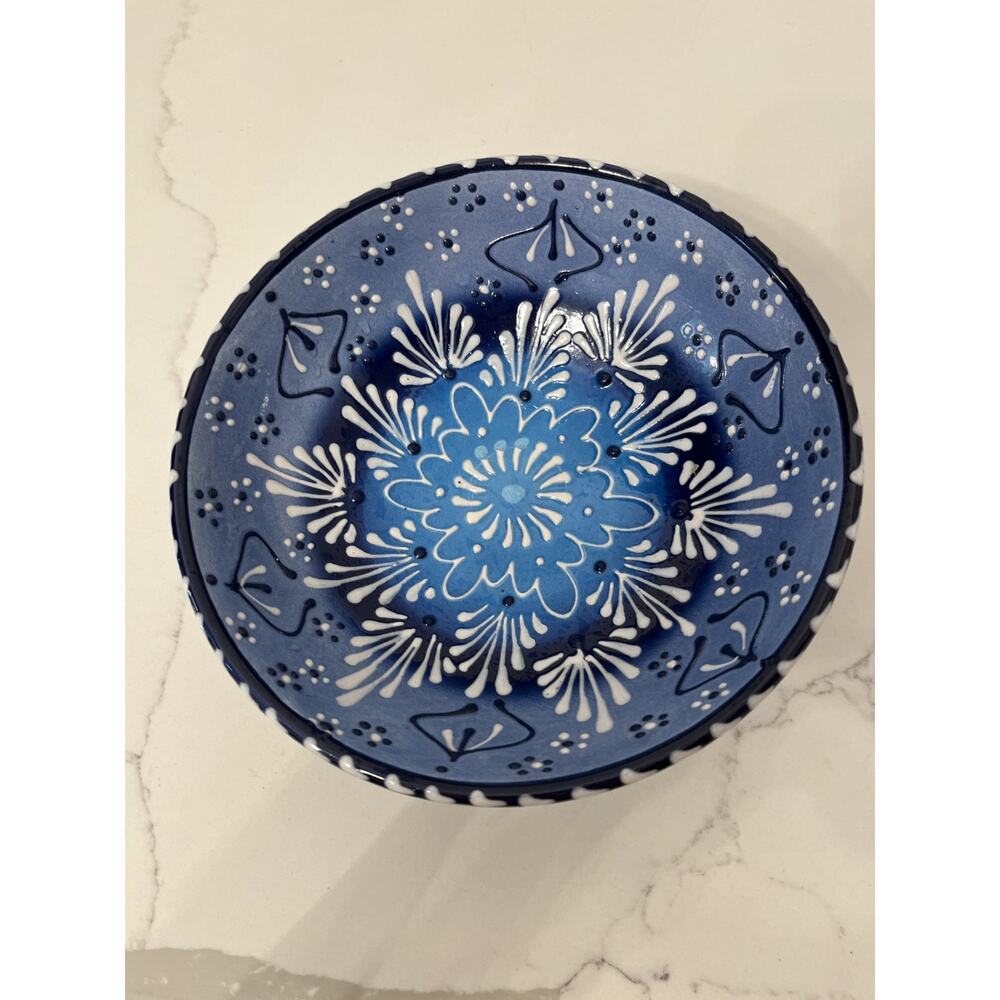 Serving Bowl Ceramic Hand painted Cobalt Blue Embosse  7.5" Round Ivan Ros